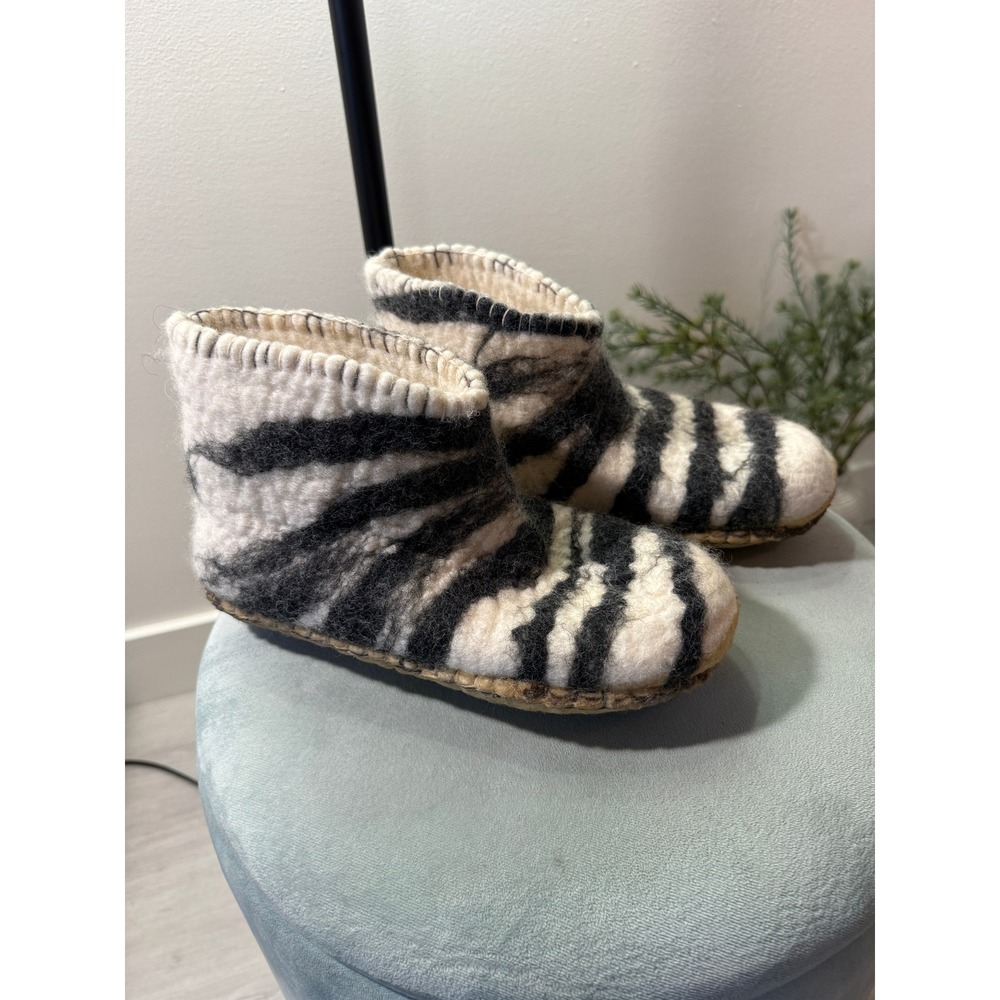 Artisanal Wool Zebra Stripe Slipper Boots Cream Black Felted Ankle Booties